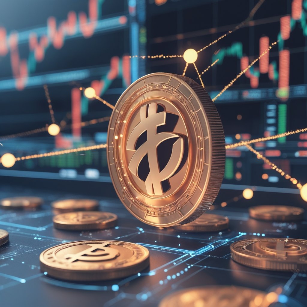 CoinDesk 20: A friendly cartoon Chainlink coin helping other coins connect with sparkly lines, like a digital spider web