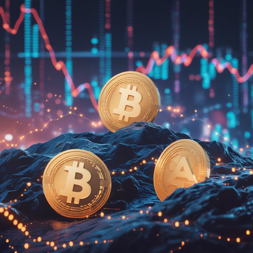 CoinDesk 20: Two cartoon coins, one labeled APT and one labeled NEAR, looking sad as they slide down a hill