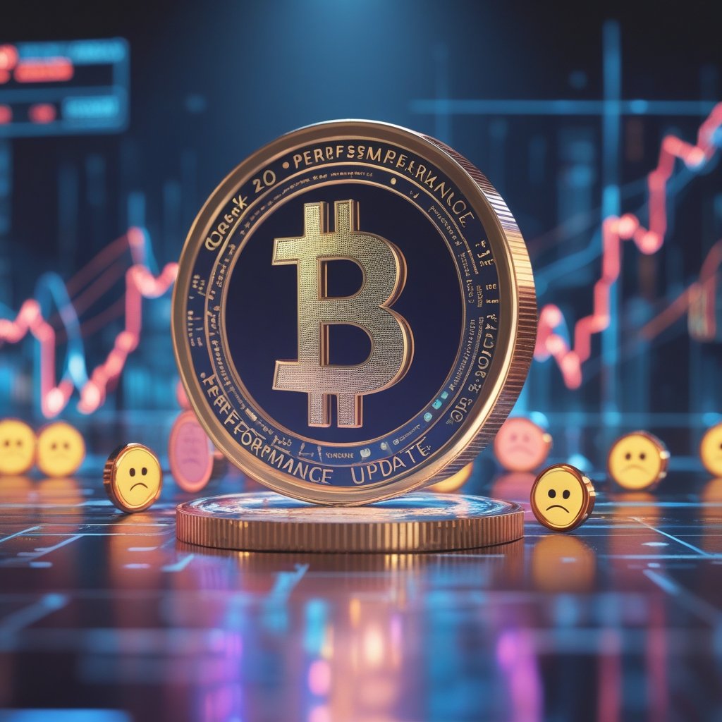 CoinDesk 20 performance update: A colorful cartoon showing 20 digital coins with sad faces, except one shiny coin with a happy face