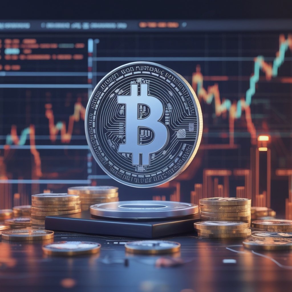 CoinDesk 20 performance update: A friendly cartoon scale showing coins going down on one side while one coin goes up on the other