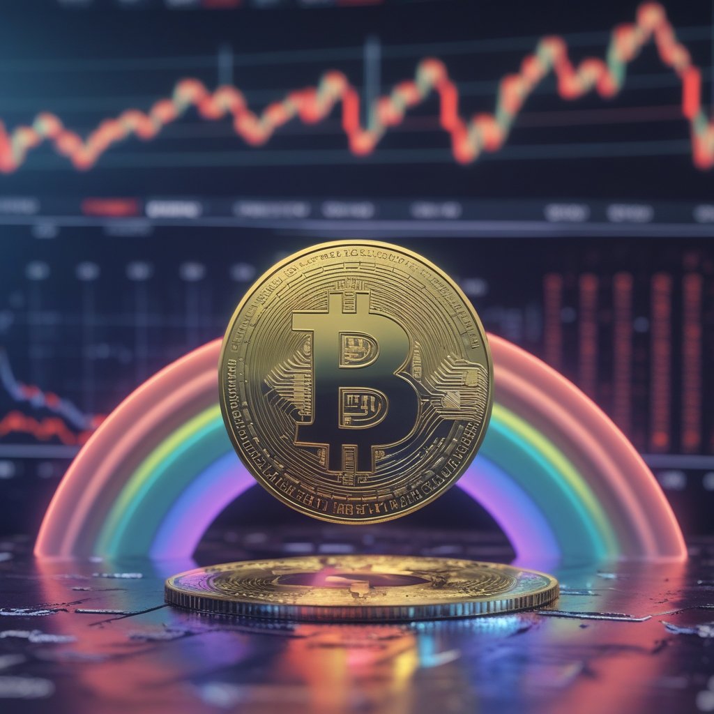 CoinDesk 20 performance update: A happy cartoon showing a rainbow after a cloudy day, with one coin shining brighter than others