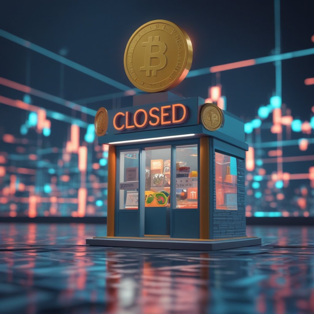 Coinbase India: A cartoon shop with a 'Closed' sign, drawn in bright colors for kids.