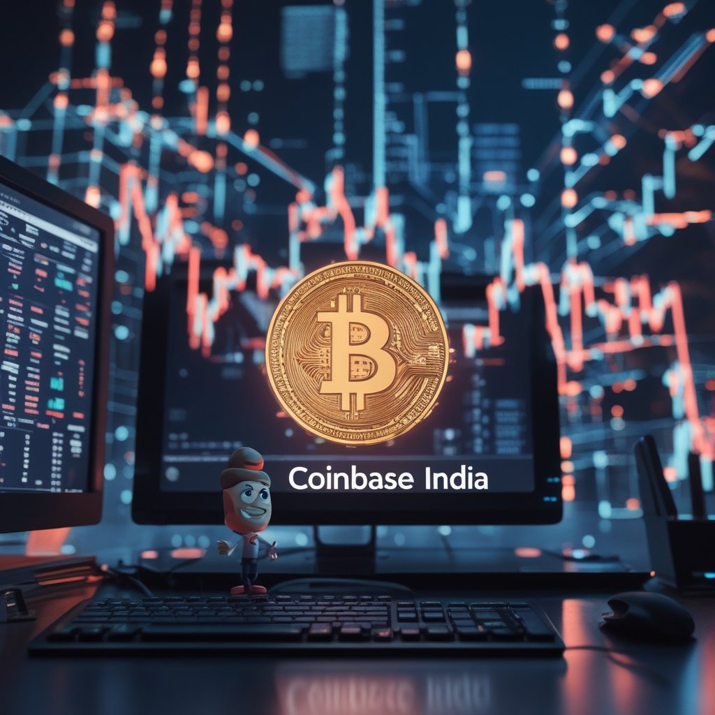 Coinbase India: A happy cartoon character signing up for a new account on a computer.