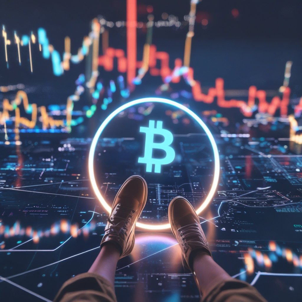 Coinbase India comeback: A child tying their shoes with a big smile, with a rainbow in the background