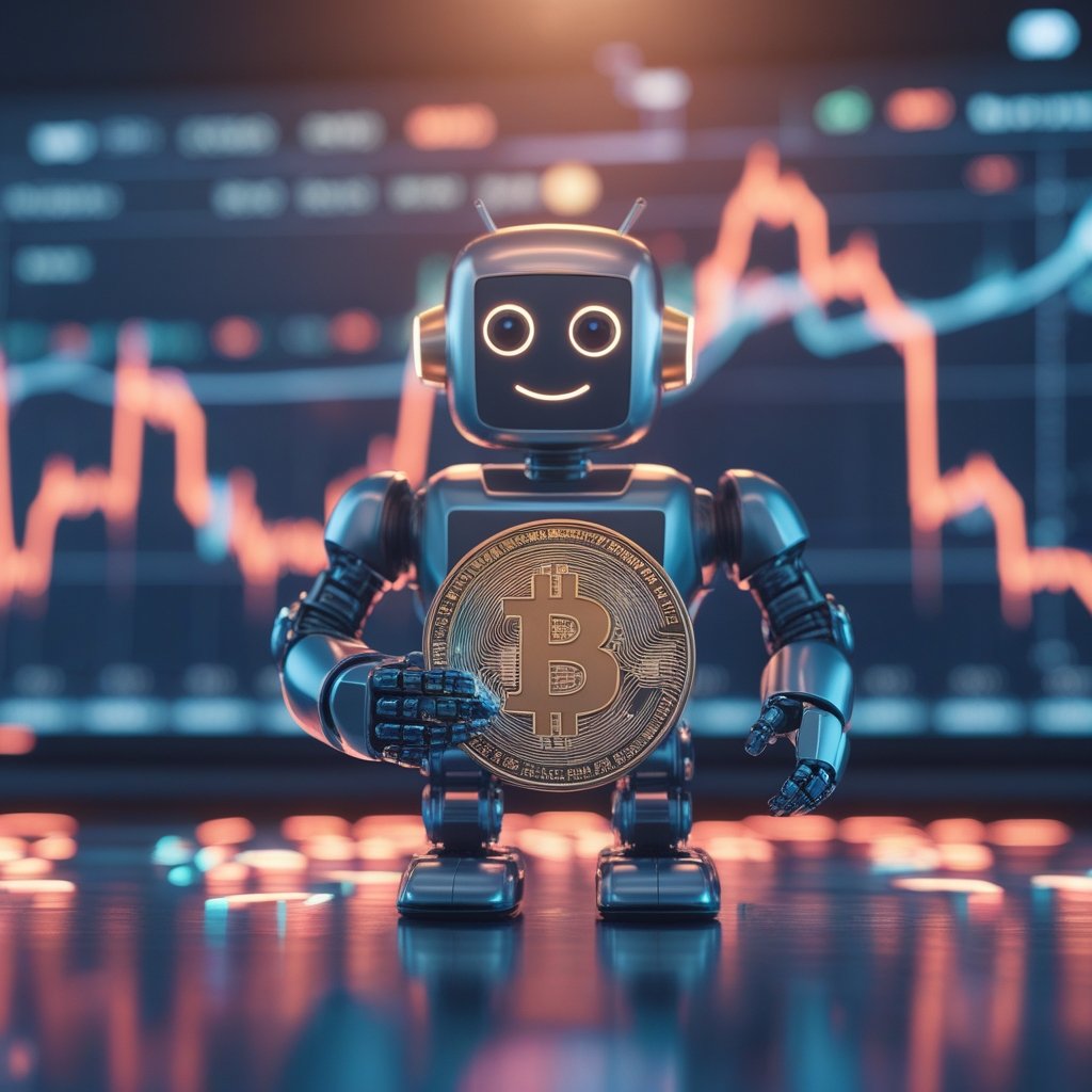 Coinbase India comeback: A friendly robot holding a shiny digital coin, with a big smile, in bright colors