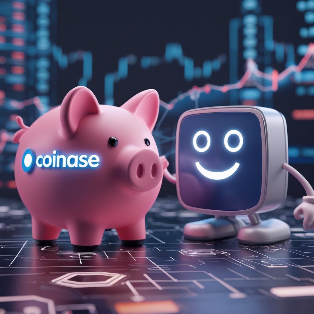 Coinbase Solana DEX: A friendly cartoon of a big digital piggy bank labeled Coinbase next to a smiling computer network named Solana, with arrows showing trading between them.