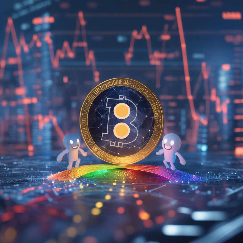 Coinbase Solana DEX: A simple drawing of two islands connected by a rainbow bridge, with happy digital tokens walking across it.