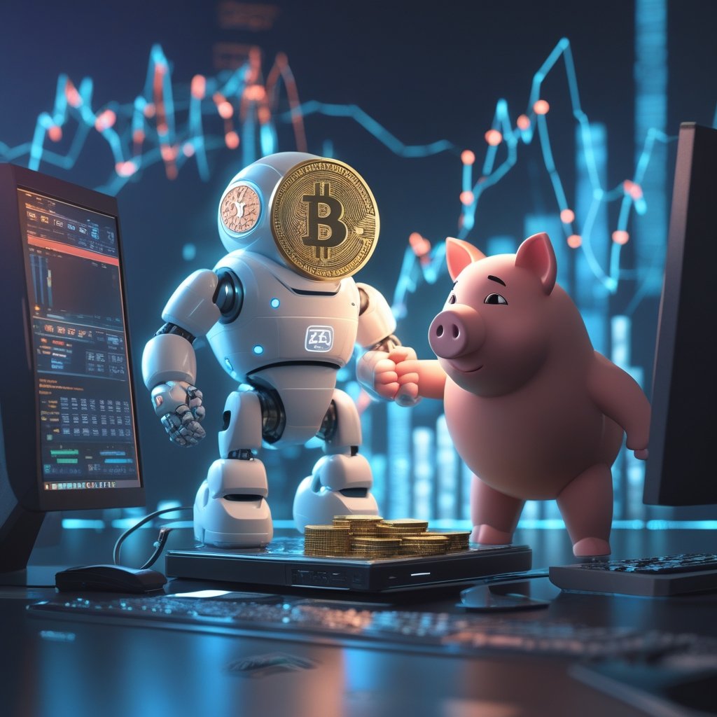 Coinbase stablecoin pilots: A cartoon of a robot and a piggy bank shaking hands over a computer screen with coins