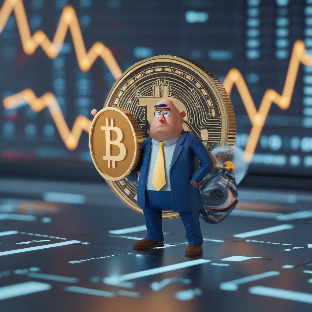 Corporate Bitcoin liabilities: A cartoon of a company CEO looking worried while holding a Bitcoin that's turning into a heavy weight