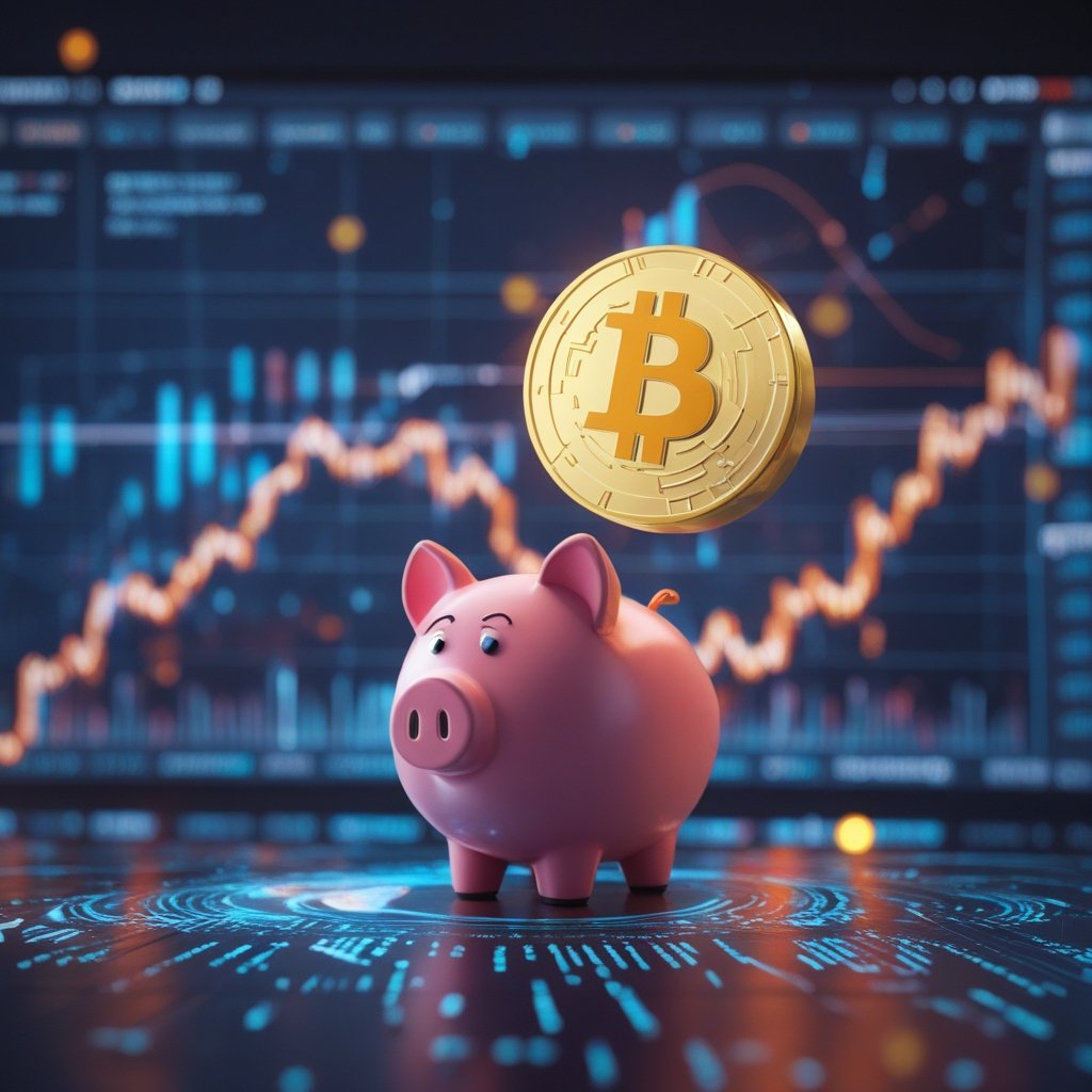 Corporate Bitcoin liabilities: A cartoon piggy bank with Bitcoin symbols falling out, and a sad company CEO looking on