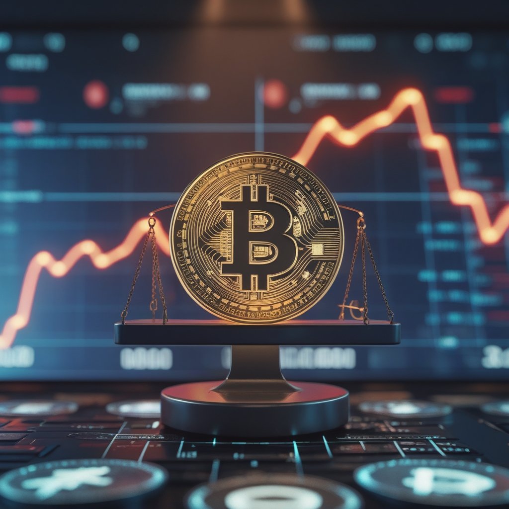 Corporate Bitcoin liabilities: A cartoon showing a scale with Bitcoin on one side and debt on the other, with the debt side weighing much more