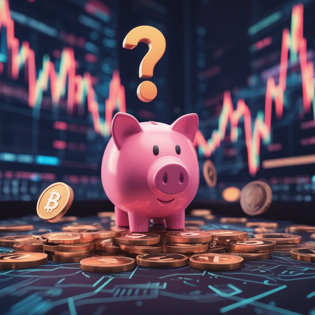Crypto Daybook Americas: A cartoon piggy bank with a big question mark on it, surrounded by digital coins floating away