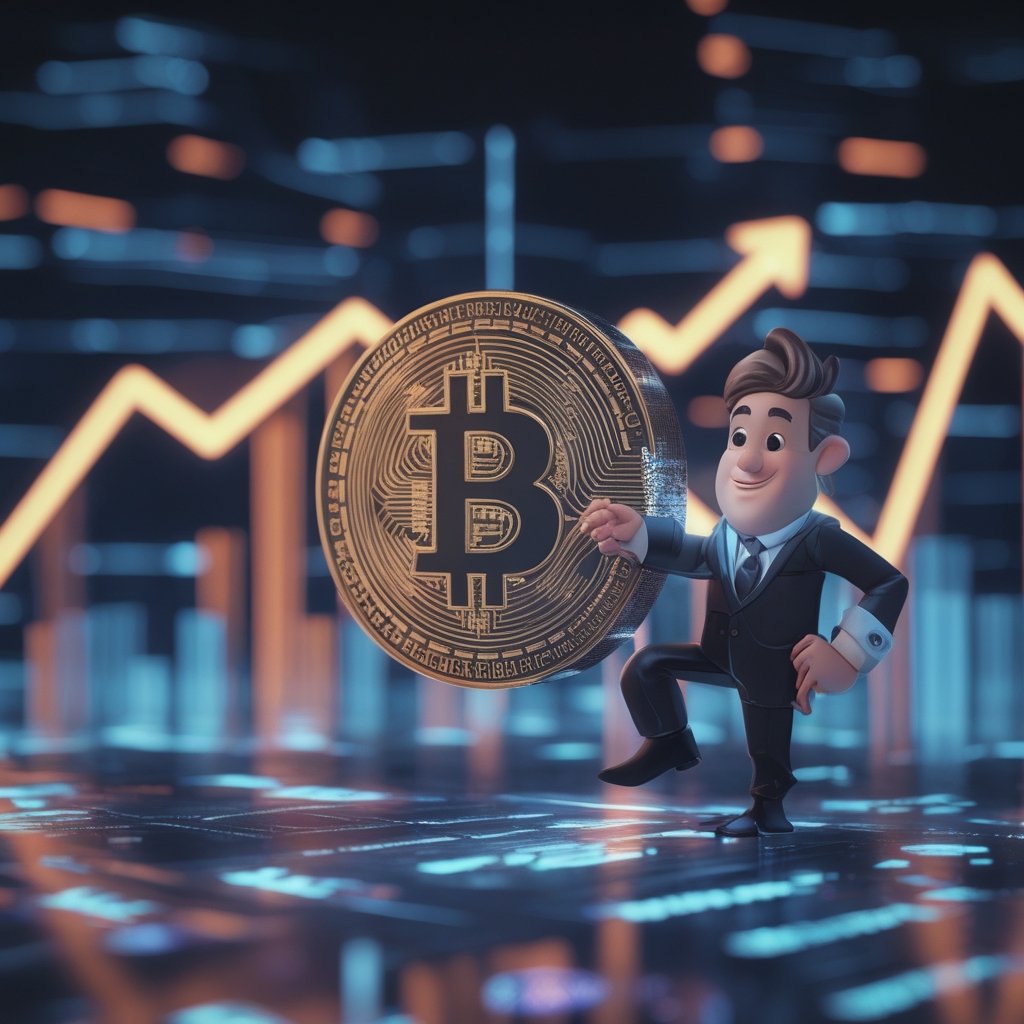 Crypto index funds: A friendly cartoon character explaining safety with a simple chart showing up and down arrows