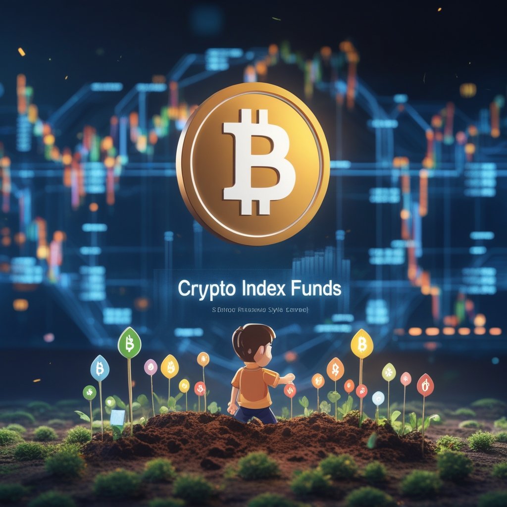 Crypto index funds: A simple cartoon showing a child planting different seeds in a garden, with each seed representing a different cryptocurrency