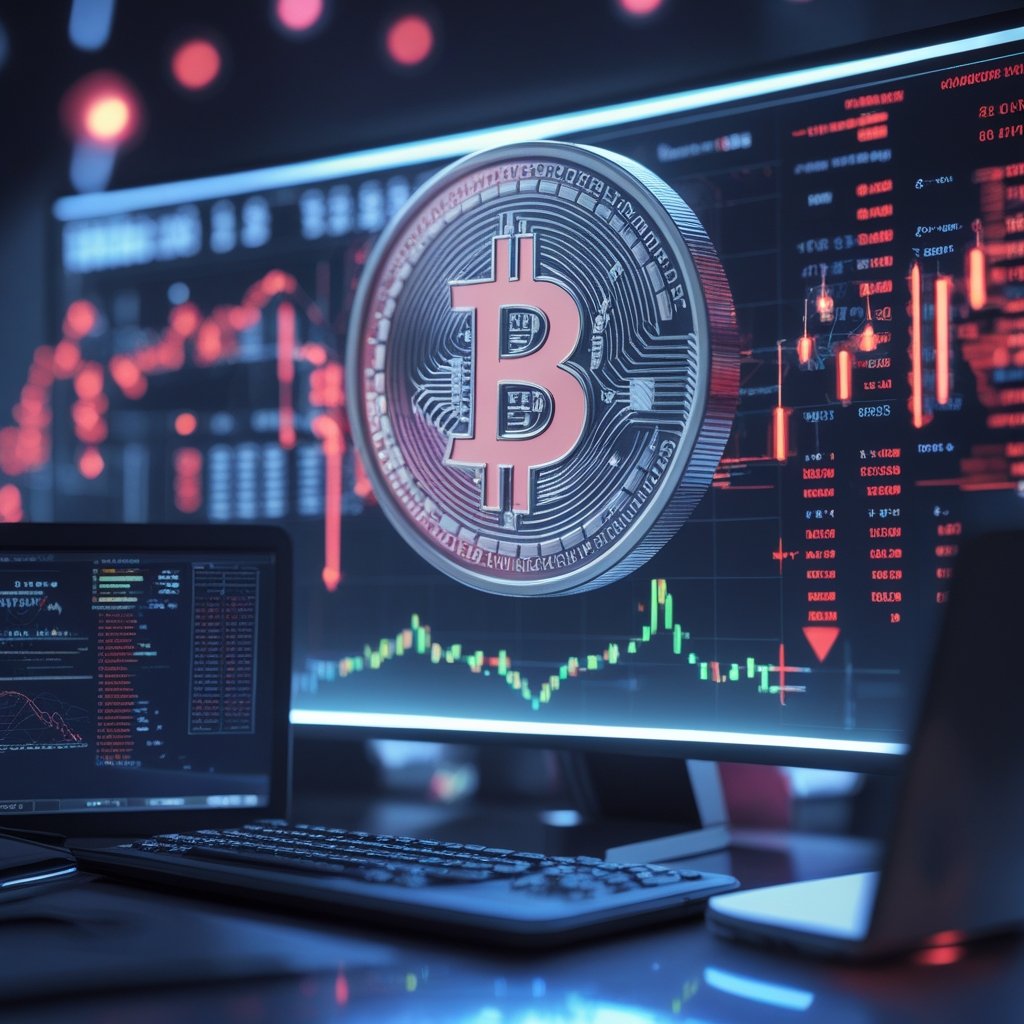 Crypto market volatility: A cartoon showing Bitcoin and other coins on a computer screen with up and down arrows