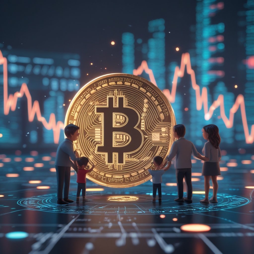 Crypto tipping point: A happy cartoon family using digital money safely together