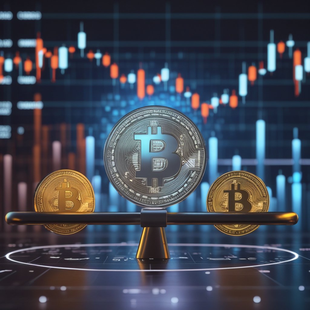 DCA crypto strategy: A cartoon of a happy Bitcoin coin on a see-saw with a sad Bitcoin coin