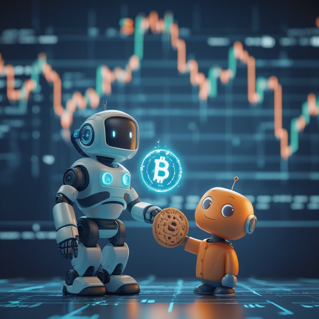 DCA crypto strategy: A cartoon robot handing a cookie to a child, with a checklist