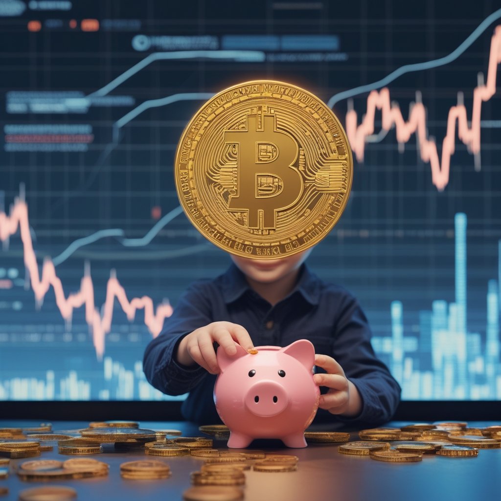 DCA crypto strategy: A child putting coins in a piggy bank with a big smile