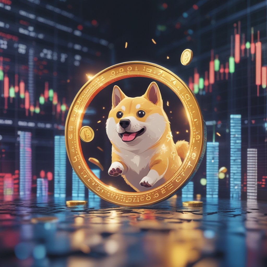 DOGE breakout: A cute cartoon dog jumping over a colorful wall with coins flying around