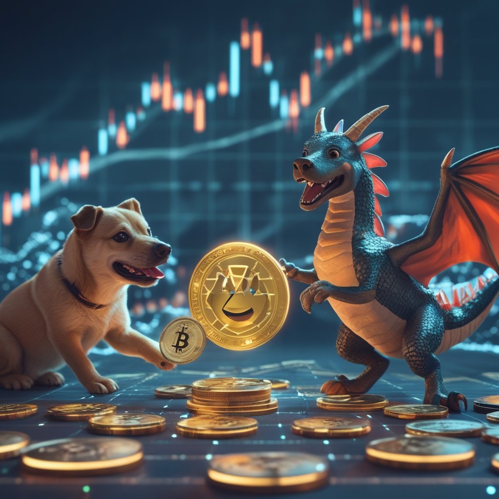 DOGE breakout: A happy dog and a friendly dragon playing together with coins