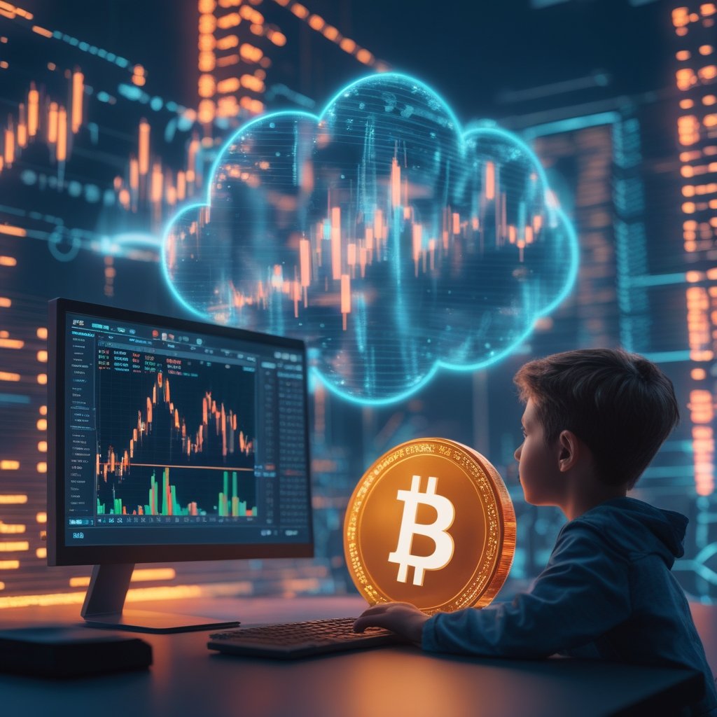 DePIN tokens decline: A kid looking at a computer screen with crypto charts, with a thought bubble showing a future with more crypto