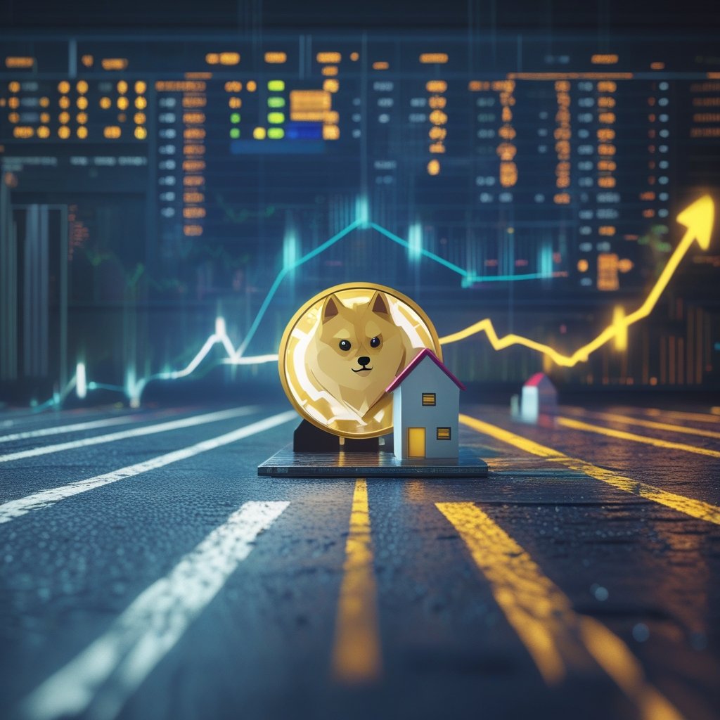 Dogecoin ETF: A road with two paths, one leading to a big castle (Bitcoin/Ethereum) and one to a small house (Dogecoin)