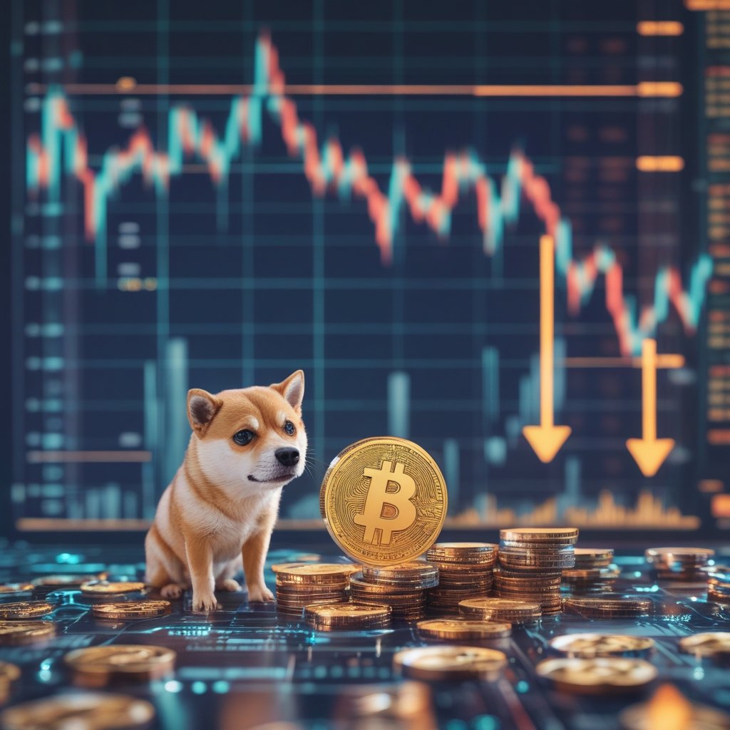 Dogecoin ETF: A small dog looking sad near a shrinking pile of coins, with arrows pointing down