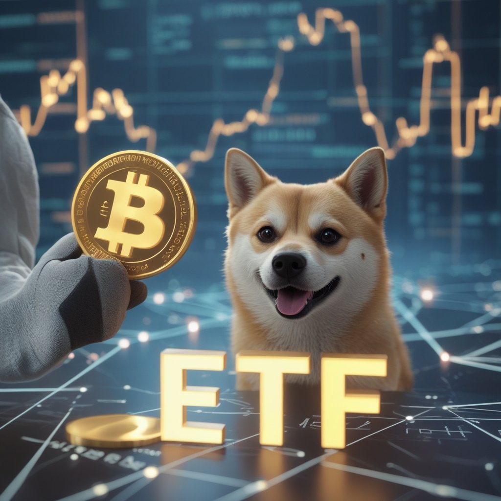 Dogecoin ETF: A smiling dog with a shiny coin, holding a paper that says 'ETF' in bright letters