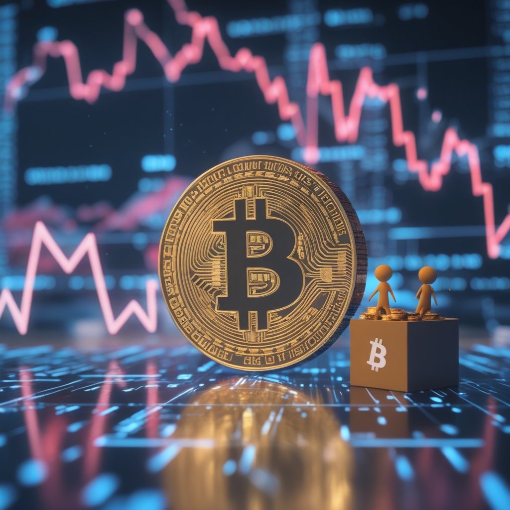 ETF outflows deepen: A cartoon of a digital balloon (Bitcoin) with arrows pointing down, and little stick figures taking coins out of a box (ETF).