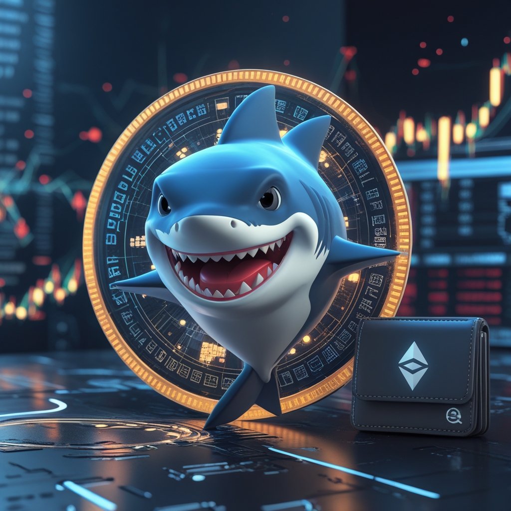 ETH buyer aggression: A friendly cartoon shark with a wallet, representing big investors