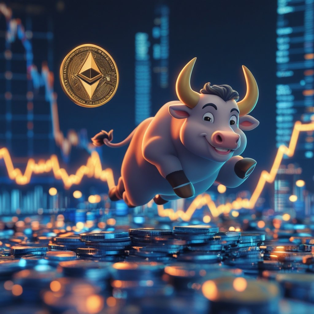 ETH price breakout: A cartoon bull with a big smile, running up a hill made of coins