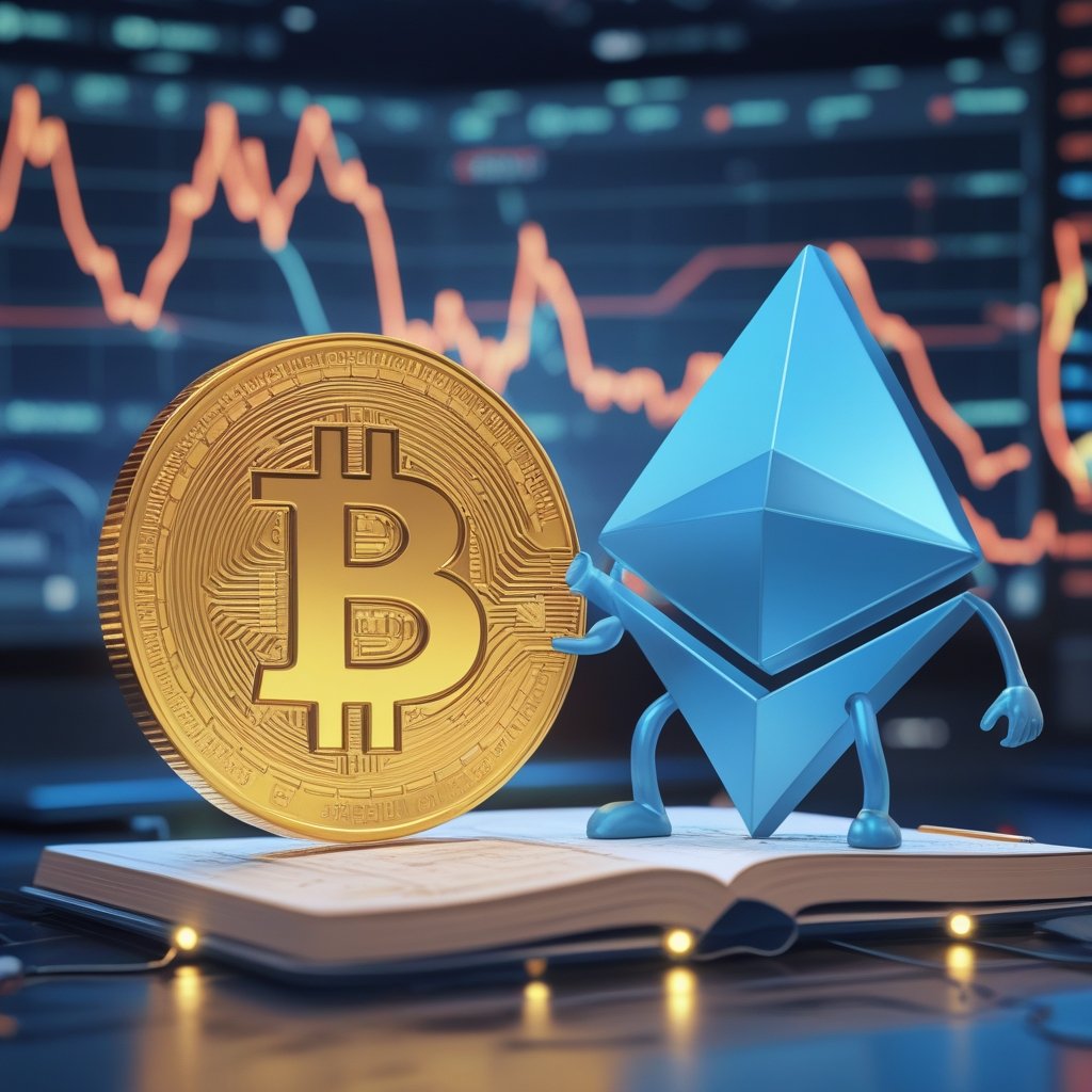 ETH price breakout: A friendly cartoon of two coins, one gold (Bitcoin) and one blue (Ethereum), smiling on a magical notebook