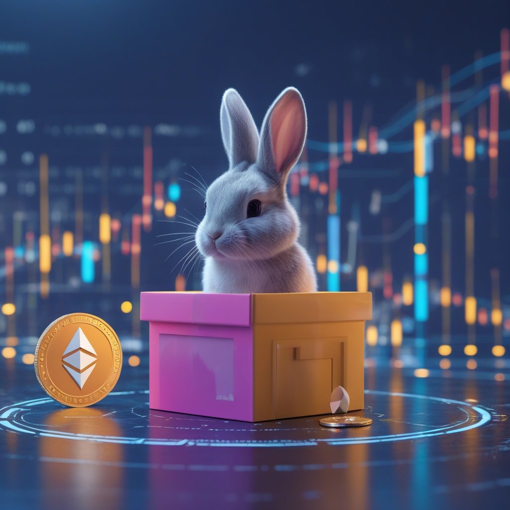 ETH weekly support: A cute bunny sitting inside a colorful box, with a tiny ETH coin nearby.