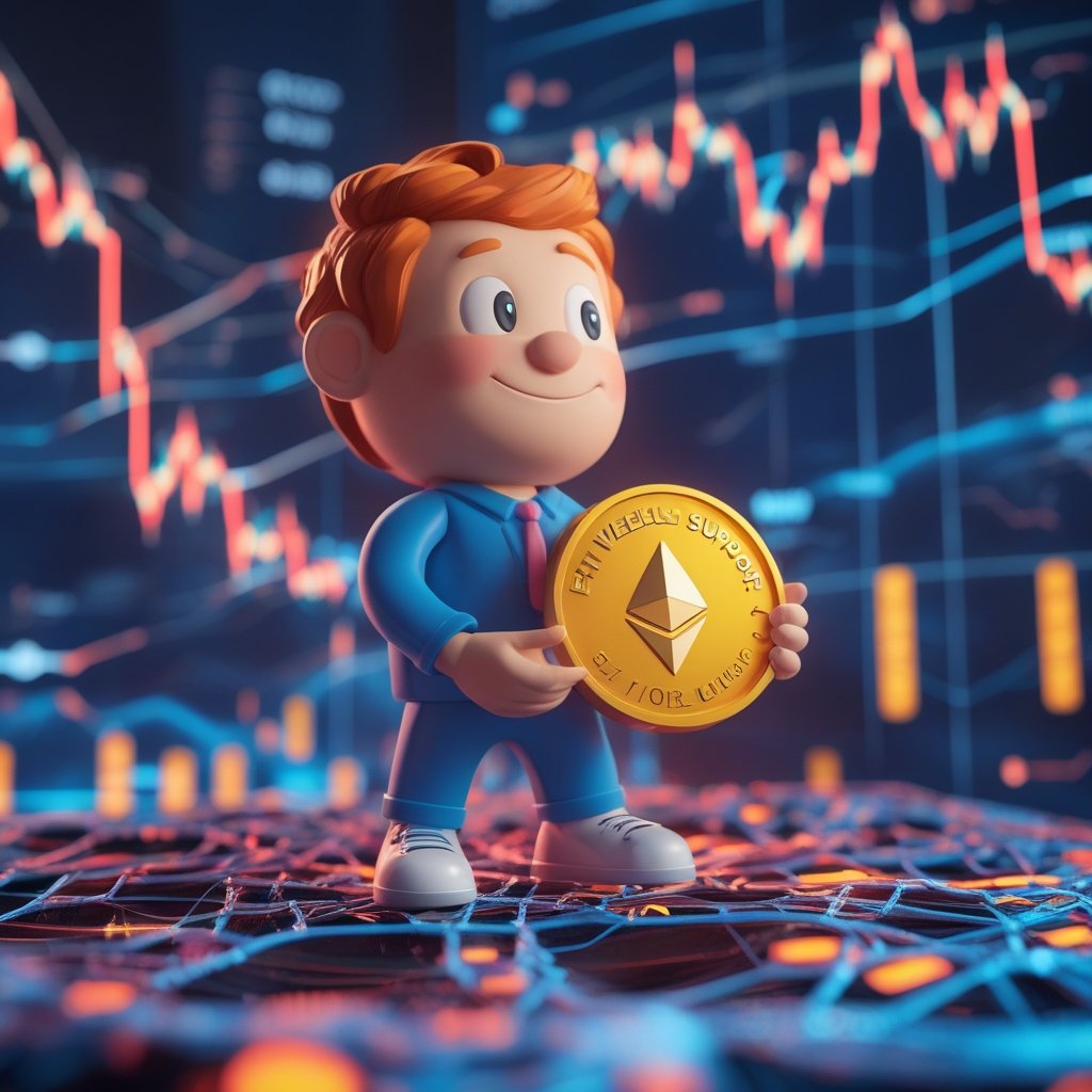 ETH weekly support: A friendly cartoon character holding a glowing coin labeled ETH, standing on a colorful safety net.
