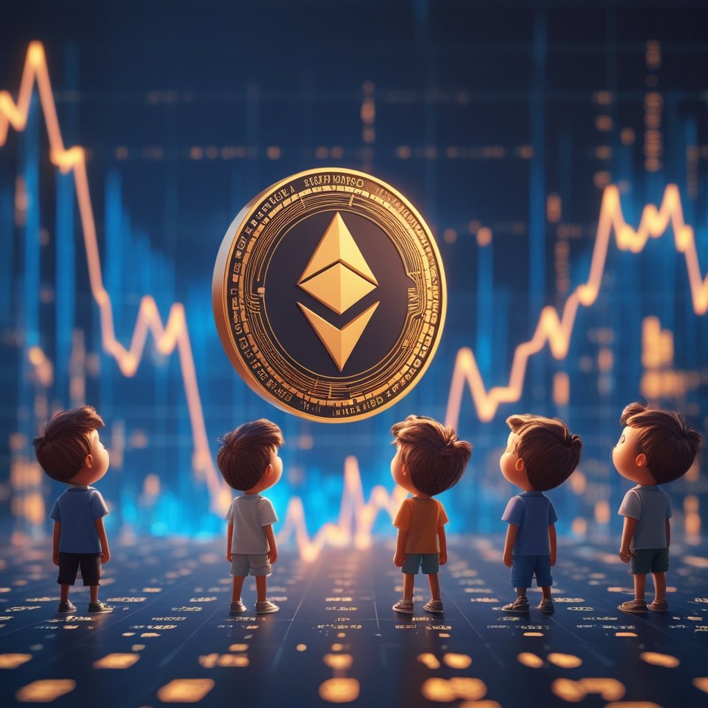 ETH weekly support: A group of cartoon kids looking at a big chart with a smiling ETH coin jumping up.