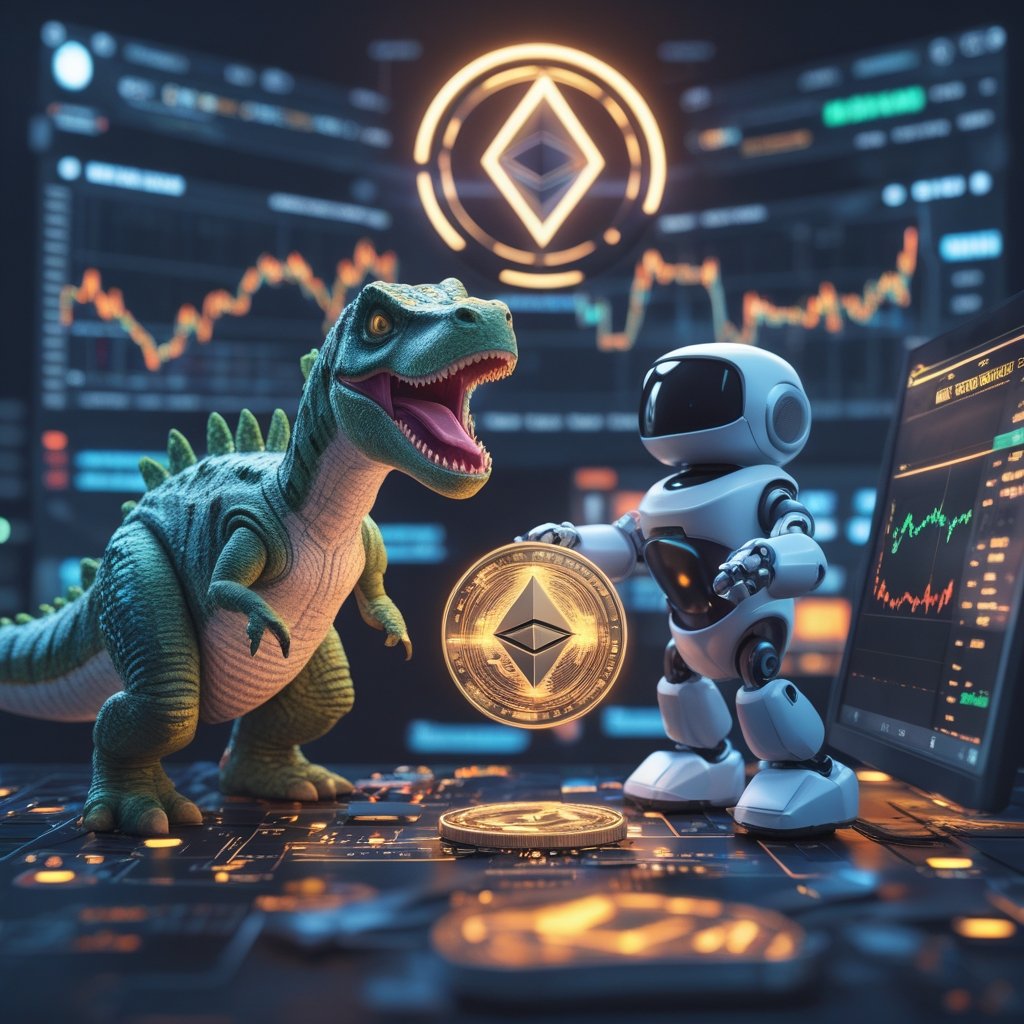 ETHZilla Karus deal: A cartoon image showing a friendly dinosaur (ETHZilla) and a robot (Karus) turning a car-shaped puzzle piece into a glowing digital token on a computer screen