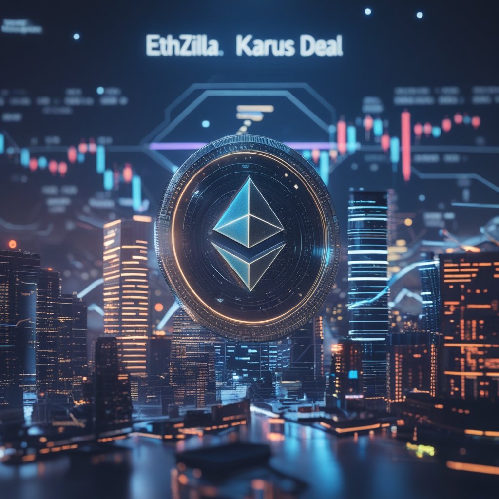 ETHZilla Karus deal: A futuristic cityscape with digital tokens floating above buildings, representing the future of finance
