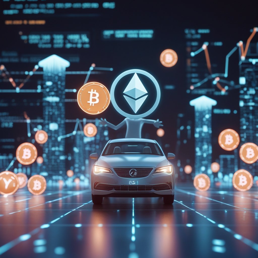 ETHZilla Karus partnership: A happy person driving a car with digital money symbols around