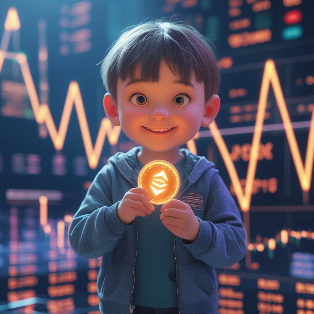 Ethena USDe collapse: A happy cartoon child holding a glowing digital coin