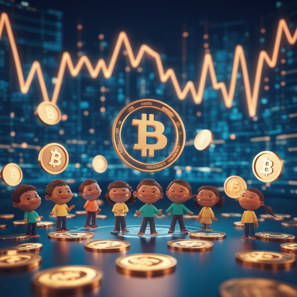 Ethena USDe collapse: Happy children learning about digital money with smiling cartoon coins