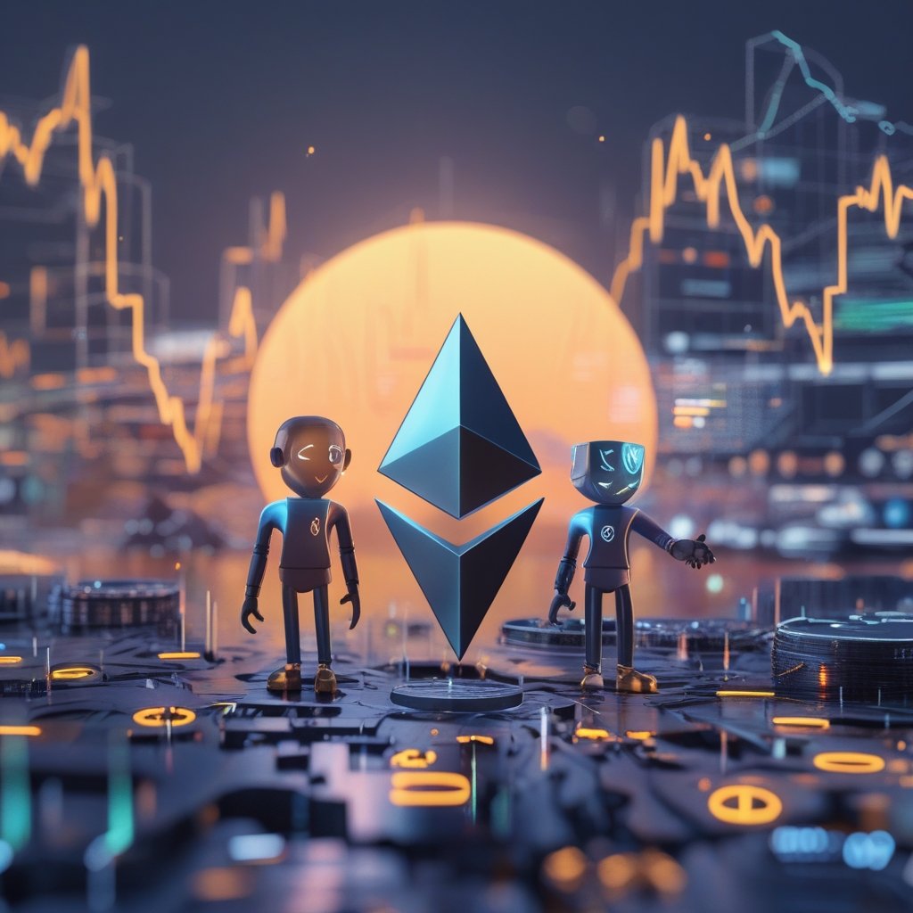 Ether price surge: A calm sun rising over a digital landscape with Ether and other blockchains as friendly characters