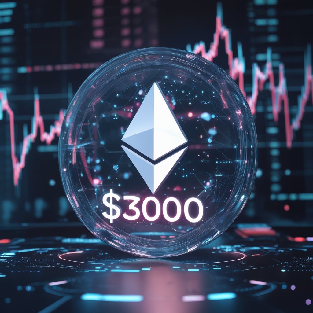 Ether price surge: A cartoon balloon with the Ethereum logo inflating to $3000