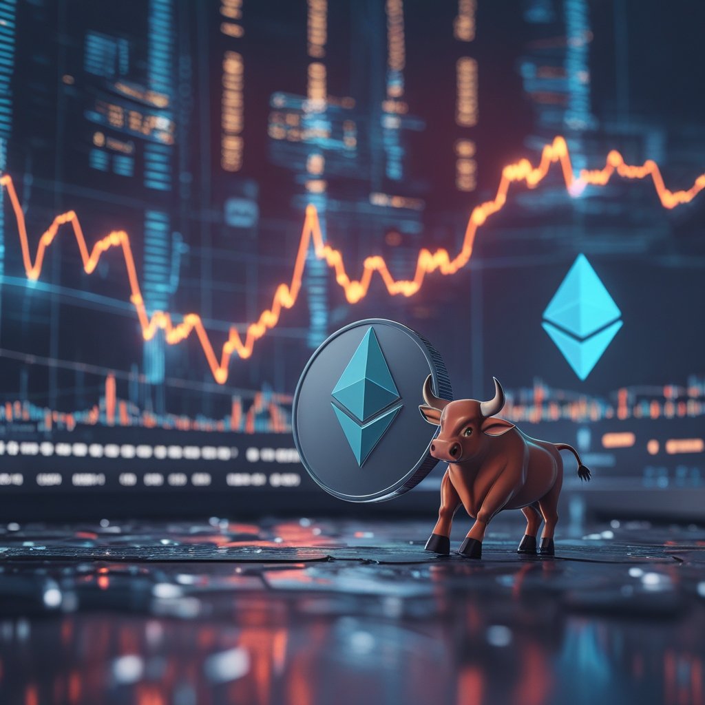 Ether price surge: Cartoon US stock market graph with a dancing bull and a shy Ethereum token