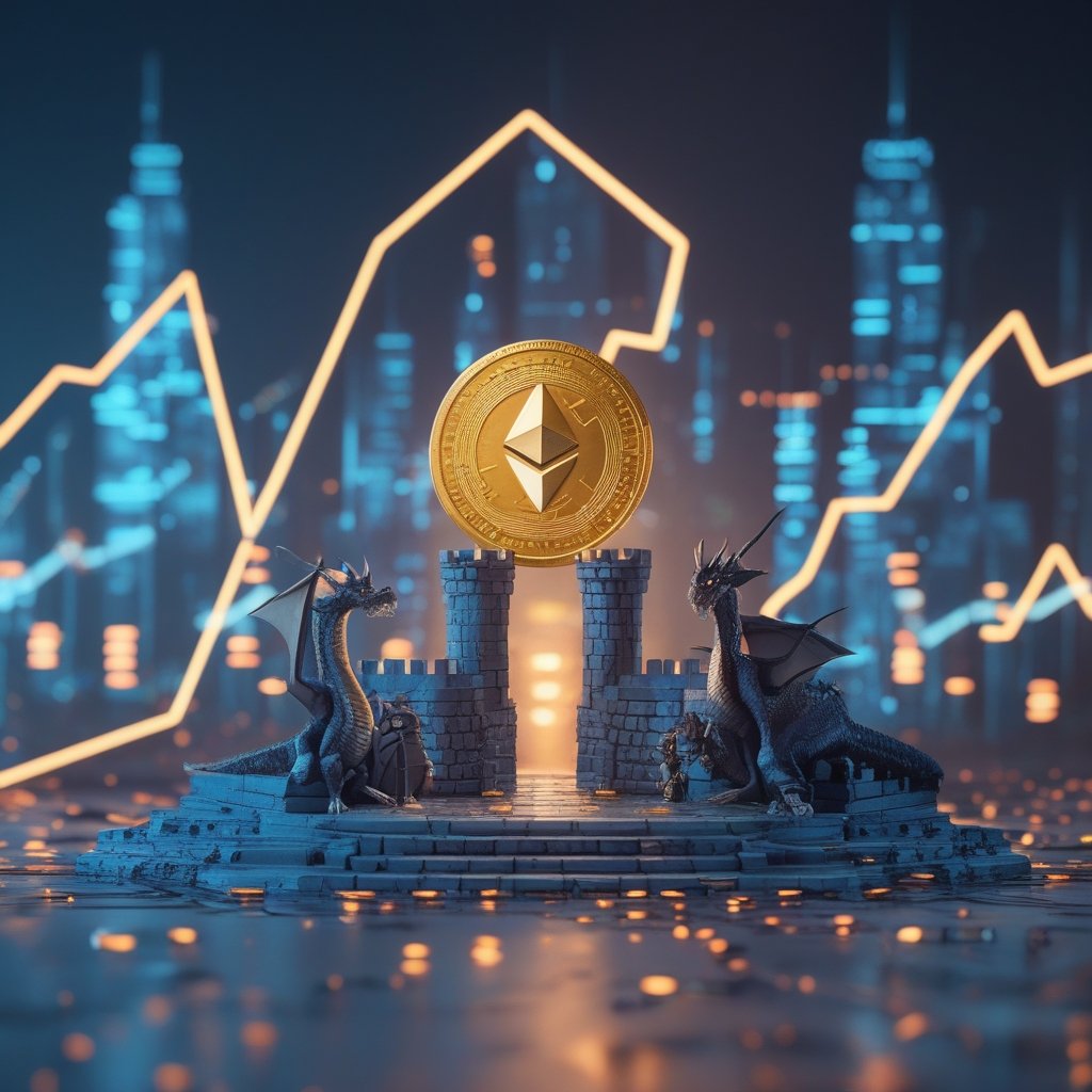 Ether supply squeeze: A cartoon blockchain castle with knights (staking) and dragons (custody) protecting digital coins