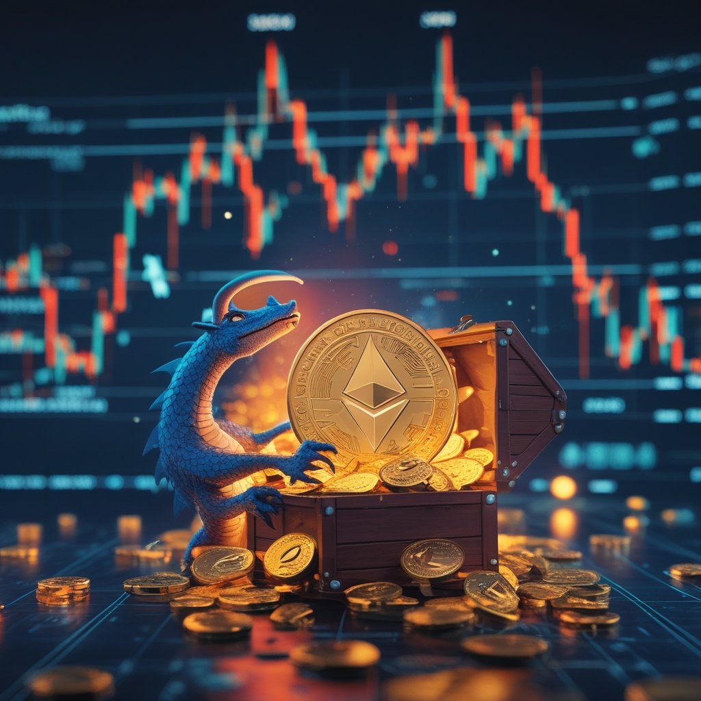 Ether supply squeeze: A cartoon dragon guarding a treasure chest full of digital coins