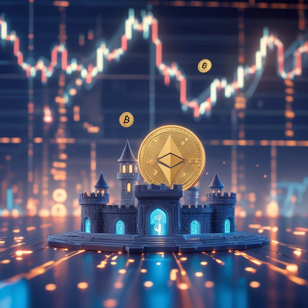 Ether supply squeeze: A friendly cartoon castle in the sky with digital coins floating around it