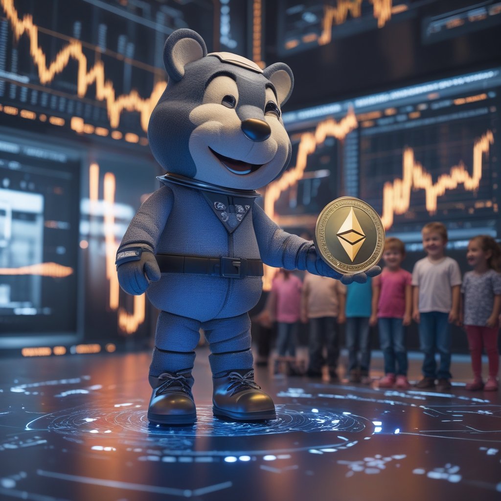 Ethereum ETF: A friendly giant toy store mascot holding a golden coin labeled 'BlackRock' and pointing to a group of smiling children