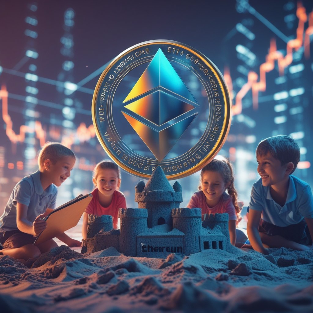 Ethereum ETF: A friendly teacher with a clipboard smiling and giving a thumbs-up to a group of children building a sandcastle labeled 'Ethereum'
