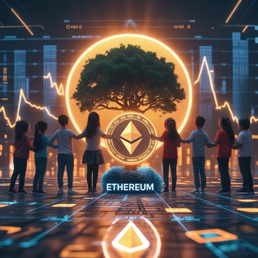 Ethereum ETF: Children of diverse backgrounds linking arms around a glowing digital tree labeled 'Ethereum' with a bright future sun rising behind them